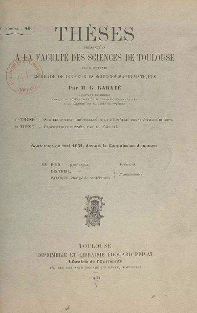 Sur les notions originelles de la géométrie infinitésimale directe - G. Rabaté - FeniXX réédition numérique