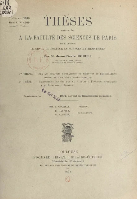 Sur les formules généralisées de médiation et les équations intégrales singulières correspondantes - Jean-Pierre Robert - FeniXX réédition numérique