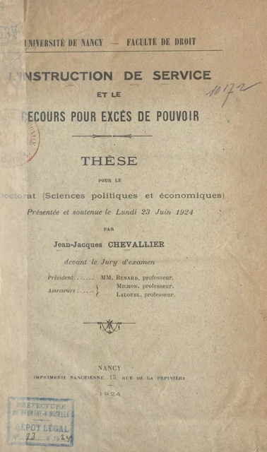 L'instruction de service et le recours pour excès de pouvoir - Jean-Jacques Chevallier - FeniXX réédition numérique