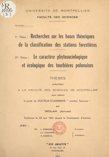 Recherches sur les bases théoriques de la classification des stations forestières - Janusz Wolak - FeniXX réédition numérique