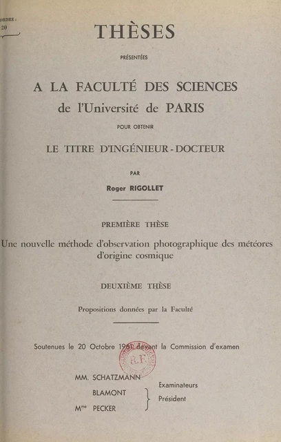 Une nouvelle méthode d'observation photographique des météores d'origine cosmique - Roger Rigollet - FeniXX réédition numérique