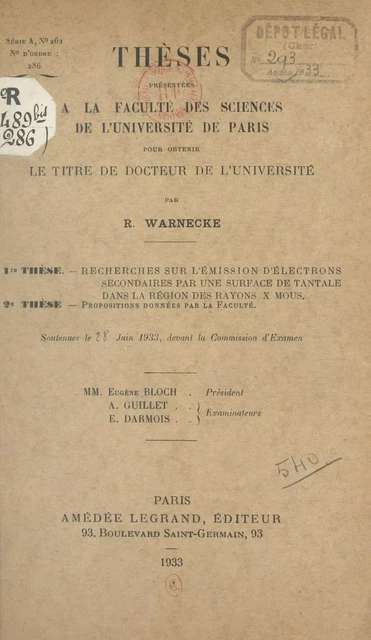 Recherches sur l'émission d'électrons secondaires par une surface de Tantale dans la région des rayons X mous - Robert Warnecke - FeniXX réédition numérique