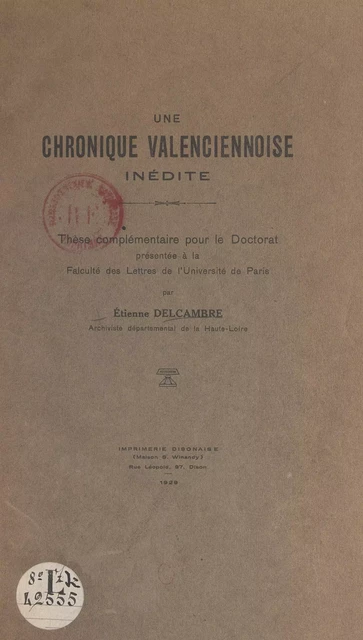 Une chronique valenciennoise inédite - Étienne Delcambre - FeniXX réédition numérique