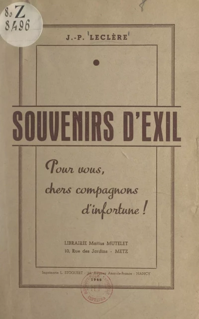 Souvenirs d'exil - Jean Pierre Leclère - FeniXX réédition numérique