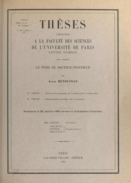 Étude d'un éclateur de 50 kilovolts à faible self - André Bensussan - FeniXX réédition numérique