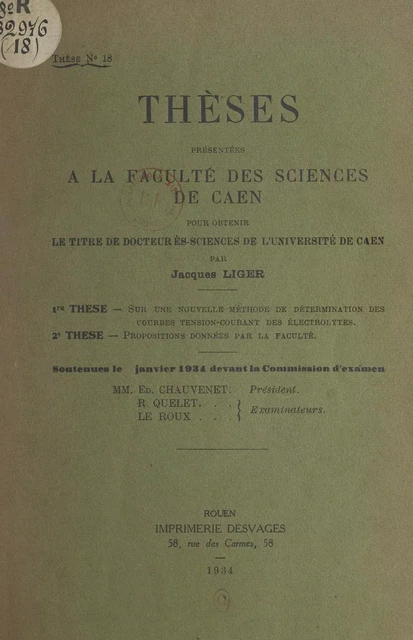 Sur une nouvelle méthode de détermination des courbes tension-courant des électrolytes - Jacques Liger - FeniXX réédition numérique