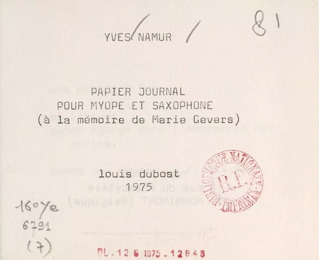 Papier journal pour myope et saxophone (à la mémoire de Marie Gevers) - Yves Namur - FeniXX réédition numérique