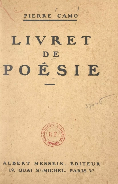 Livret de poésie - Pierre Camo - FeniXX réédition numérique