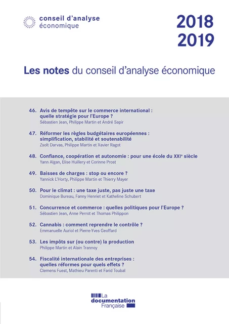 Les notes du Conseil d'analyse économique 2018-2019 - Conseil d'Analyse Économique - La Documentation française