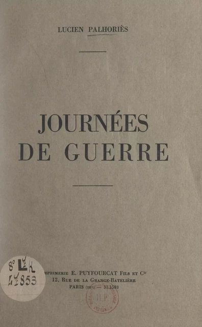 Journées de guerre - Lucien Palhoriès - FeniXX réédition numérique