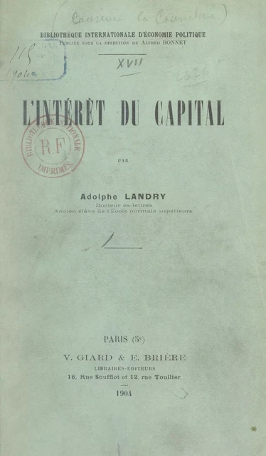 L'intérêt du capital - Adolphe Landry - FeniXX réédition numérique