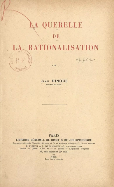 La querelle de la rationalisation - Jean Hinous - FeniXX réédition numérique