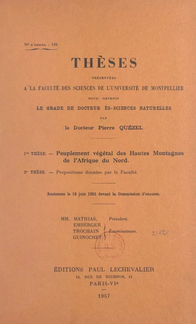 Peuplement végétal des hautes montagnes de l'Afrique du Nord - Pierre Quézel - FeniXX réédition numérique