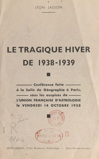 Le tragique hiver de 1938-1939 - Léon Lasson - FeniXX réédition numérique