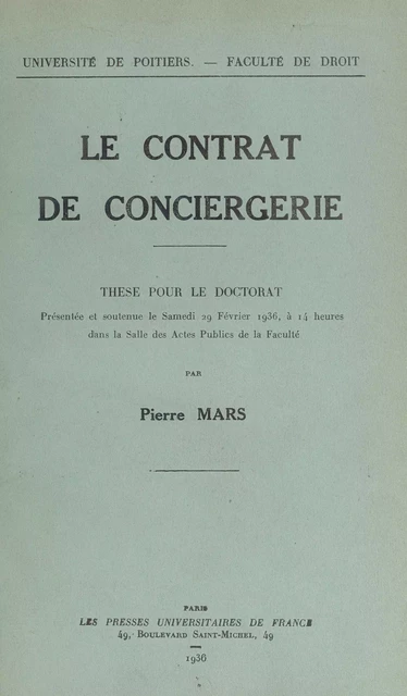 Le contrat de conciergerie - Pierre Mars - FeniXX réédition numérique