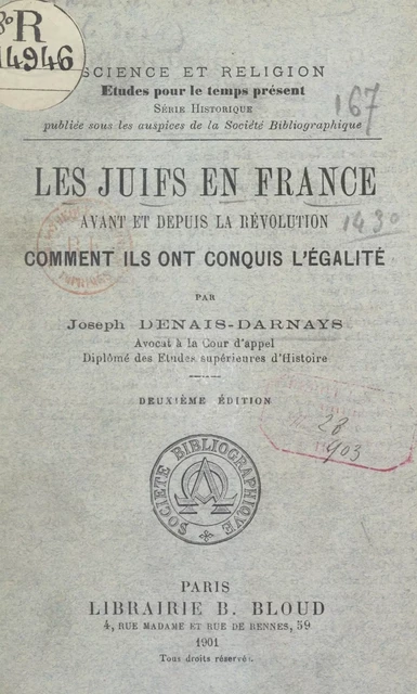 Les Juifs en France avant et depuis la Révolution - Joseph Denais-Darnays - FeniXX réédition numérique