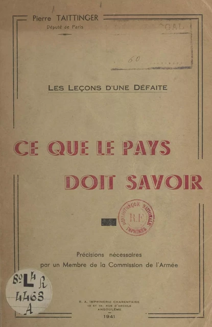 Les leçons d'une défaite, ce que le pays doit savoir - Pierre Taittinger - FeniXX réédition numérique