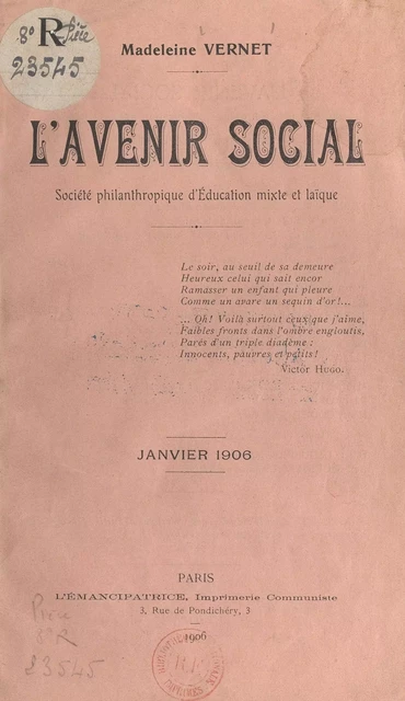 L'avenir social - Madeleine Vernet - FeniXX réédition numérique