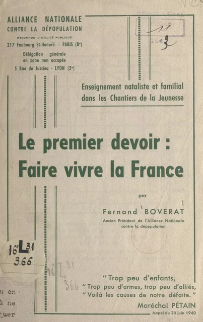 Le premier devoir : faire vivre la France - Fernand Boverat - FeniXX réédition numérique