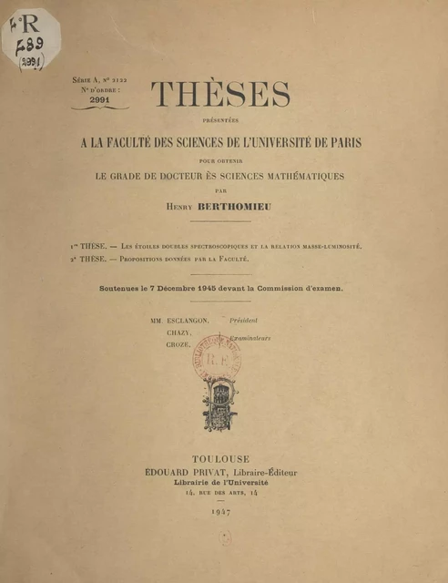 Les étoiles doubles spectroscopiques et la relation masse-luminosité - Henry Berthomieu - FeniXX réédition numérique