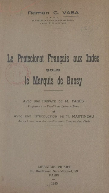 Le Protectorat français aux Indes sous le marquis de Bussy - Raman C. Vasa - FeniXX réédition numérique