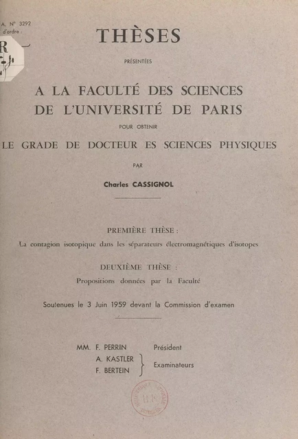 La contagion isotopique dans les séparateurs électromagnétiques d'isotopes - Charles Cassignol - FeniXX réédition numérique