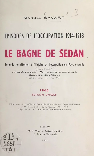 Épisodes de l'Occupation 1914-1918 : le bagne de Sedan - Marcel Savart - FeniXX réédition numérique