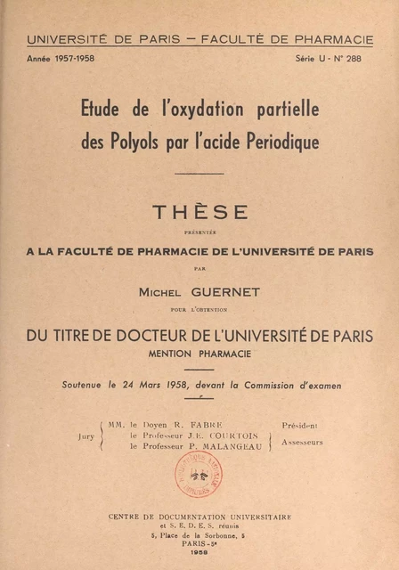 Étude de l'oxydation partielle des polyols par l'acide périodique - Michel Guernet - FeniXX réédition numérique