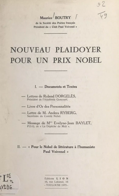 Nouveau plaidoyer pour un prix Nobel - Maurice Boutry - FeniXX réédition numérique