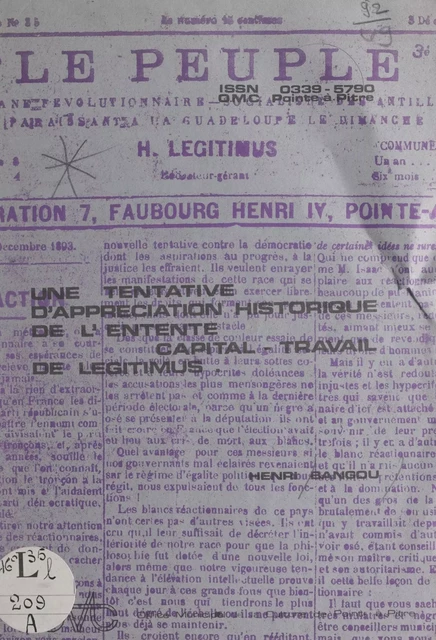 Une tentative d'appréciation historique de l'entente capital-travail de Legitimus - Henri Bangou - FeniXX réédition numérique