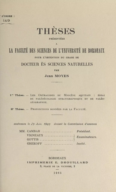 Les ostracodes du Miocène aquitain : essai de paléoécologie stratigraphique et de paléogéographie - Jean Moyes - FeniXX réédition numérique