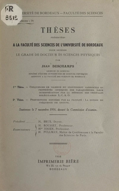 Fréquences de valence du groupement carbonyle et propriétés chimiques des paraquinones, leur interprétation par la méthode des orbitales moléculaires L.C.A.O. - Jean Deschamps - FeniXX réédition numérique