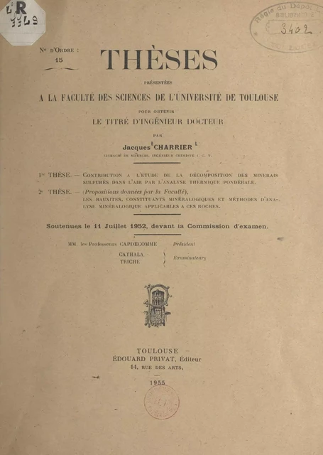 Contribution à l'étude de la décomposition des minerais sulfurés dans l'air par l'analyse thermique pondérale - Jacques Charrier - FeniXX réédition numérique