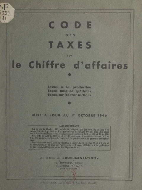 Code des taxes sur le chiffre d'affaires - Joseph Ravelet - FeniXX réédition numérique