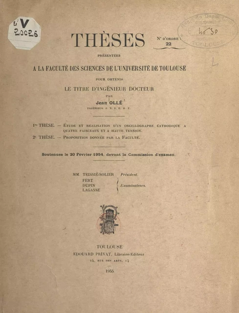 Étude et réalisation d'un oscillographe cathodique à quatre faisceaux et à haute tension - Jean Ollé - FeniXX réédition numérique