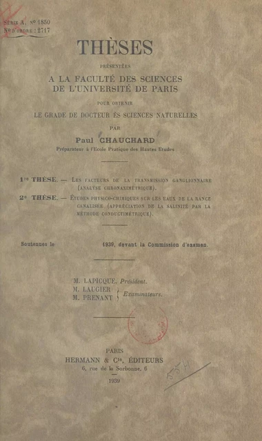 Les facteurs de la transmission ganglionnaire (analyse chronaximétrique) - Paul Chauchard - FeniXX réédition numérique