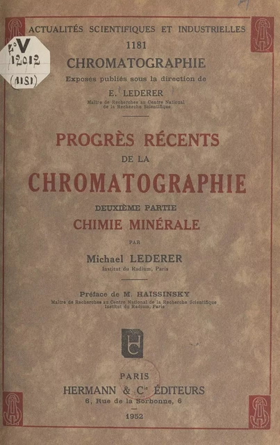 Progrès récents de la chromatographie (2). Chimie minérale - Michael Lederer - FeniXX réédition numérique