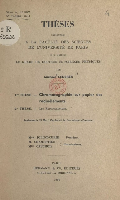 Chromatographie sur papier des radioéléments - Michael Lederer - FeniXX réédition numérique