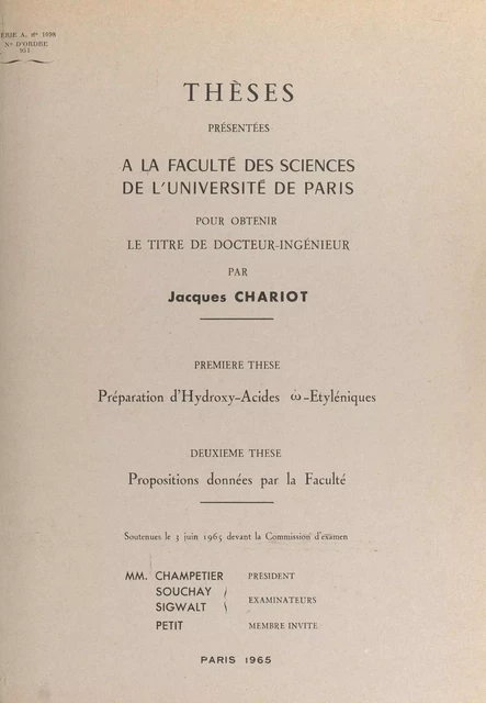 Préparation d'hydroxy-acides ώ-éthyléniques - Jacques Chariot - FeniXX réédition numérique