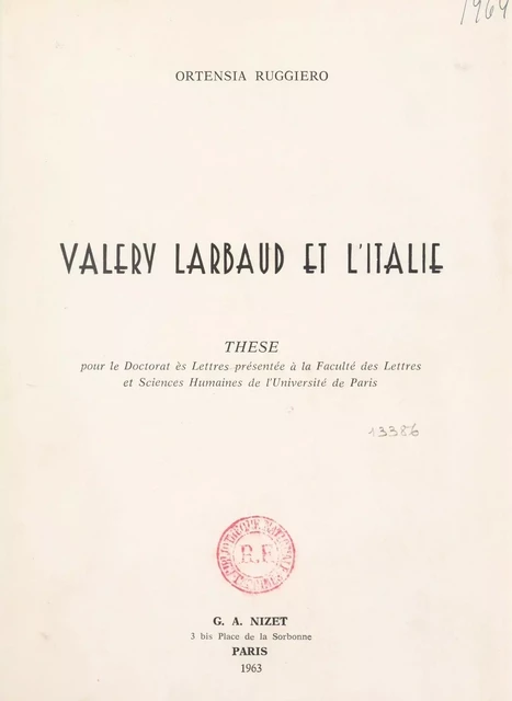 Valery Larbaud et l'Italie - Ortensia Ruggiero - FeniXX réédition numérique