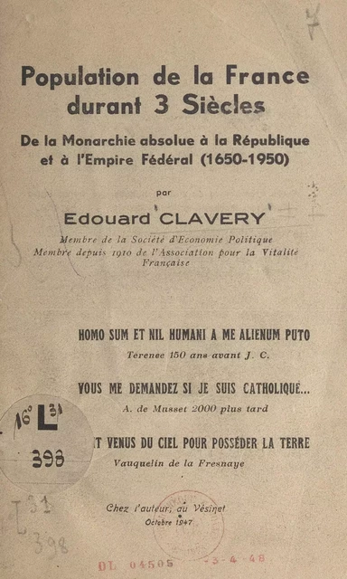 Population de la France durant 3 siècles - Édouard Clavery - FeniXX réédition numérique