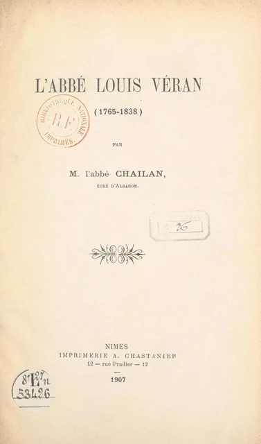 L'abbé Louis Véran (1765-1838) - Marcelin Chailan - FeniXX réédition numérique