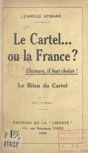 Le Cartel... ou la France ? - Camille Aymard - FeniXX réédition numérique