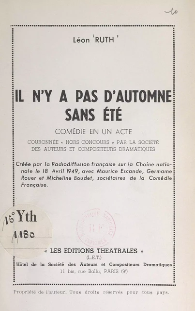 Il n'y a pas d'automne sans été - Léon Ruth - FeniXX réédition numérique