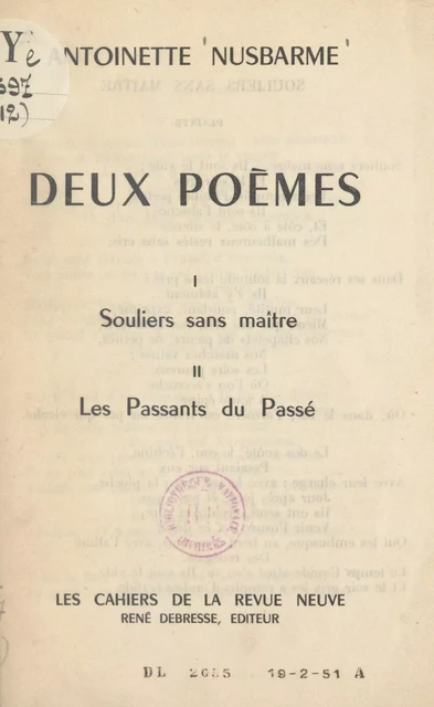 Deux poèmes : Souliers sans maître - Antoinette Nusbarme - FeniXX réédition numérique