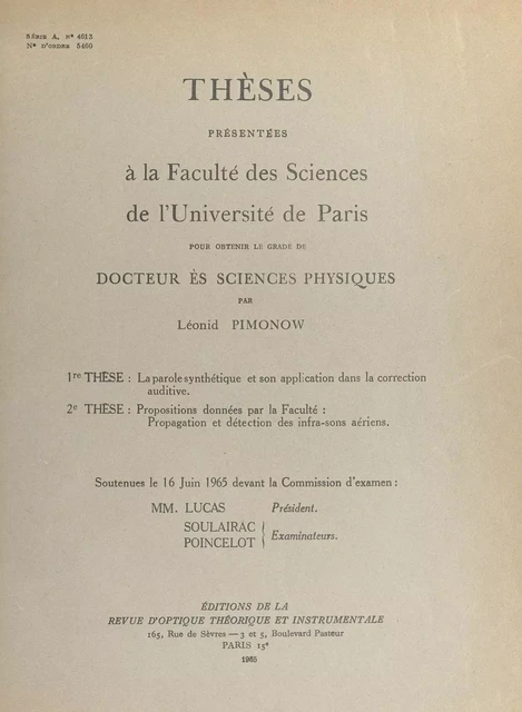 La parole synthétique et son application dans la correction auditive - Léonid Pimonow - FeniXX réédition numérique