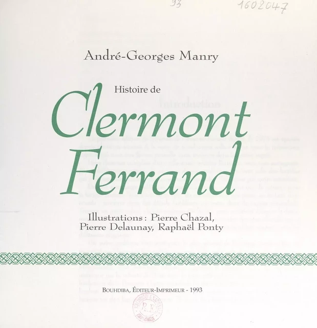 Histoire de Clermont-Ferrand - André-Georges Manry - FeniXX réédition numérique