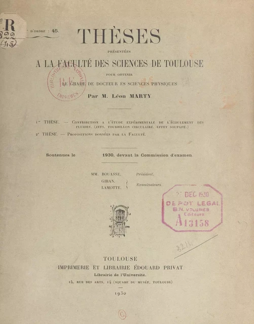 Contribution à l'étude expérimentale de l'écoulement des fluides (jets, tourbillon, circulaire, effet soupape) - Léon Marty - FeniXX réédition numérique