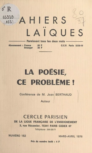 La poésie, ce problème ! - Jean Berthaud - FeniXX réédition numérique