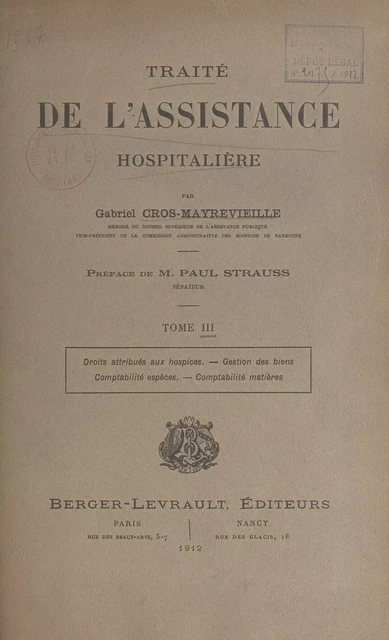 Traité de l'assistance hospitalière (3) - Gabriel Cros-Mayrevieille - FeniXX réédition numérique